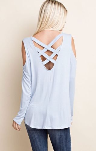 Light blue top with a criss-cross back design.