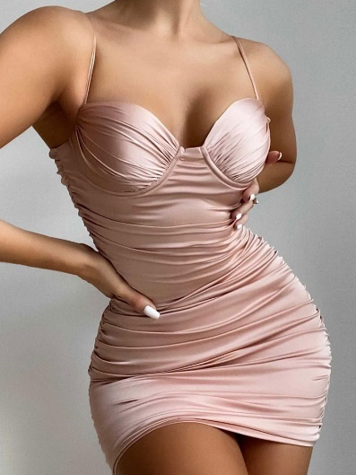 Womens Club Dress Pink Straps Neck Pleated Sleeveless Polyester Sexy Cami  Dress Bodycon Dress - Milanoo.com