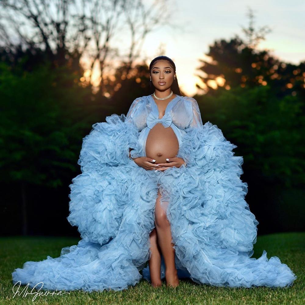 Bridal Fluffy Tulle Maternity Robes Custom Made Sky Blue Women Long