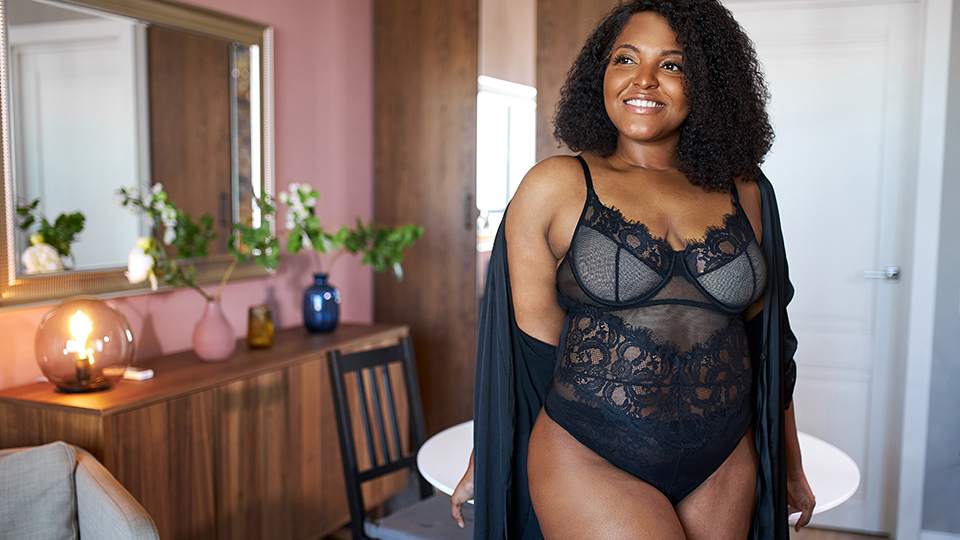 Plus-Size Lingerie  black bodysuit with lace bralette 